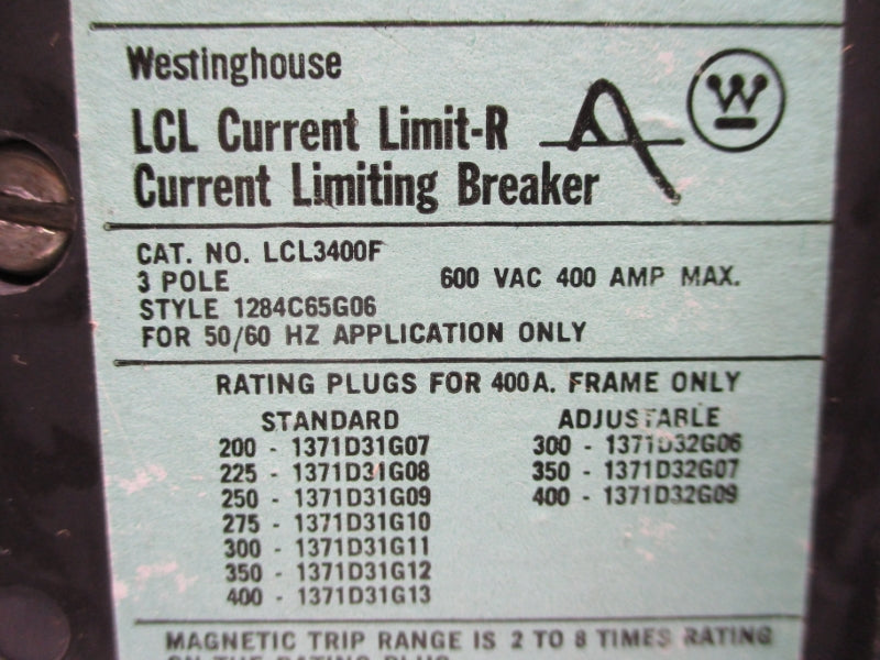 WESTINGHOUSE LCL3400F 600VAC 400A UNMP