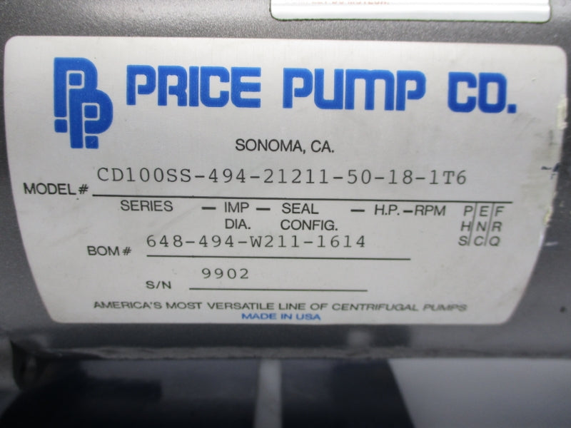 PRICE PUMP CO CD100SS-494-21211-50-18-1T6 7.4/3.9A 1 1/8" NSNP