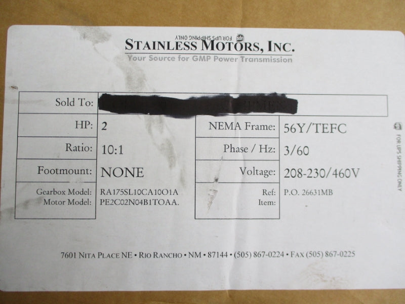 STAINLESS MOTORS PE2C02N04B1TOAA 460V 5.2/2.6A NSMP