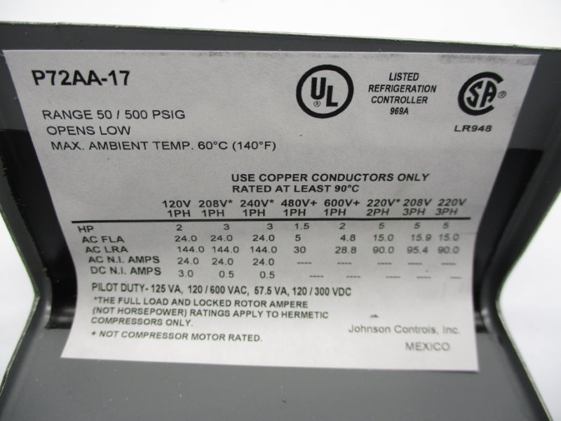JOHNSON CONTROLS P72AA-17 600V 50/500PSI NSMP