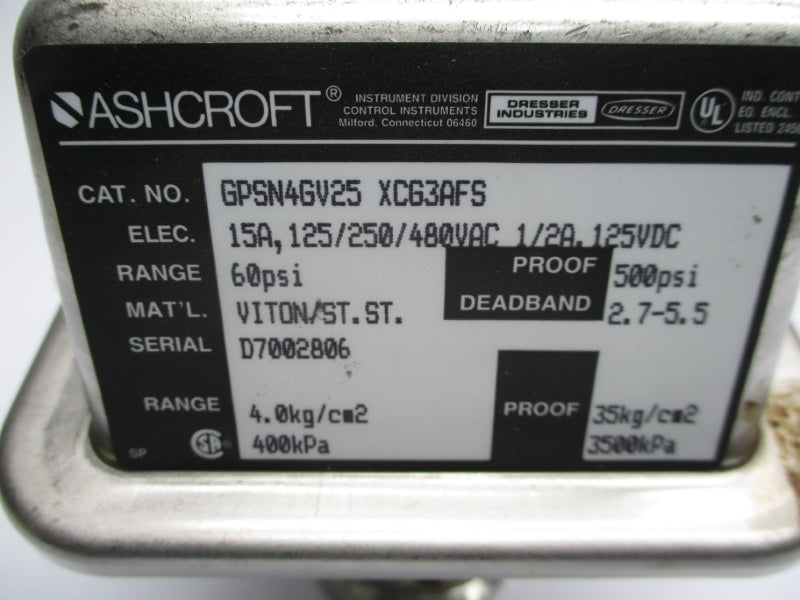 ASHCROFT GPSN4GV25XCG3AFS 480VAC 15A 60PSI 1" UNMP
