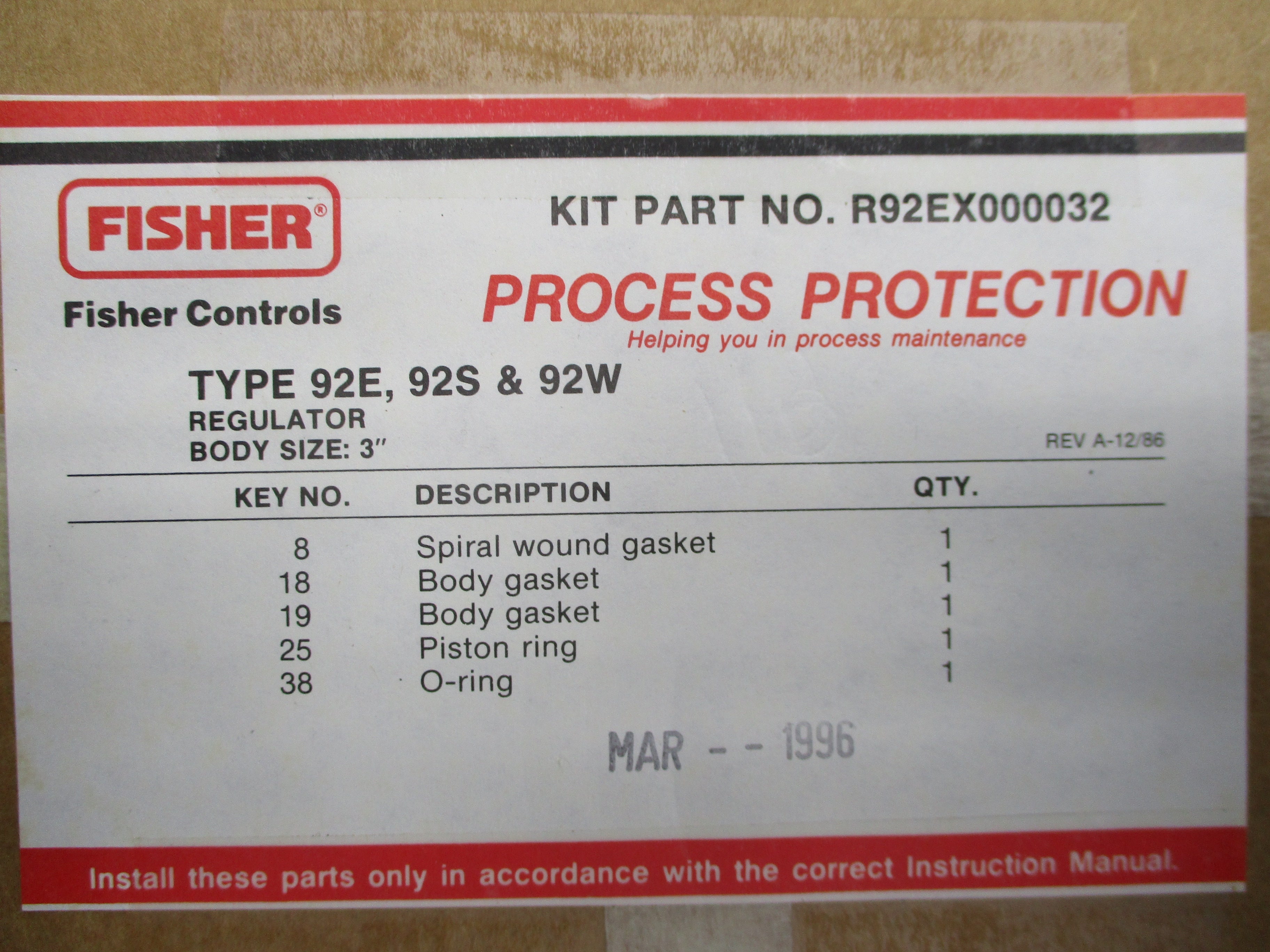 FISHER R92EX000032 NSFS