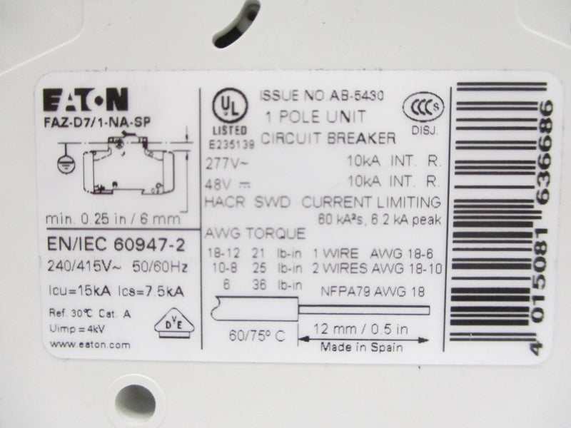 EATON FAZ-D7/1-NA 277V 7A UNMP