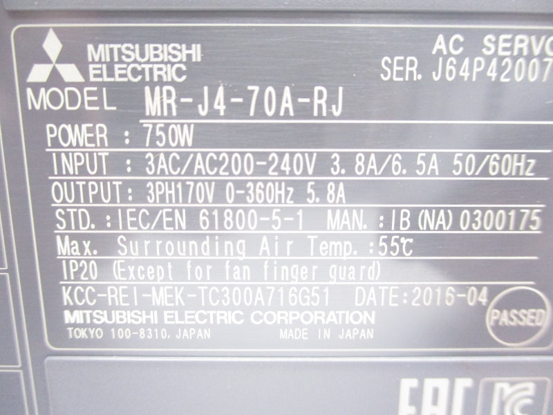MITSUBISHI MR-J4-70A-RJ 200-240VAC 3.8/6.5A NSMP