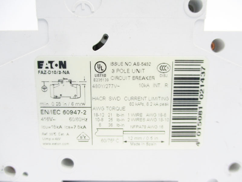 EATON FAZ-D10/3-NA 277V 10A (AS PICTURED) NSNP