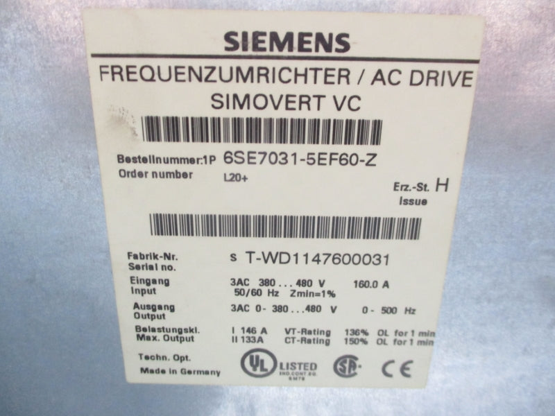SIEMENS 6SE7031-5EF60-Z 380-480VAC 160A NSMP