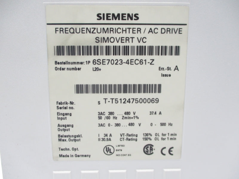 SIEMENS 6SE7023-4EC61-Z 380-480VAC 37.4A NSMP