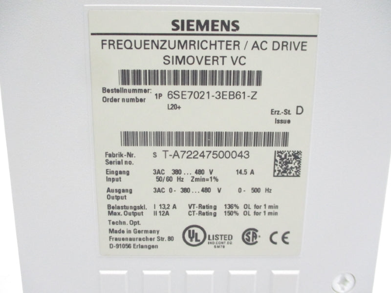 SIEMENS 6SE7021-3EB61-Z 380-480VAC 14.5A NSMP