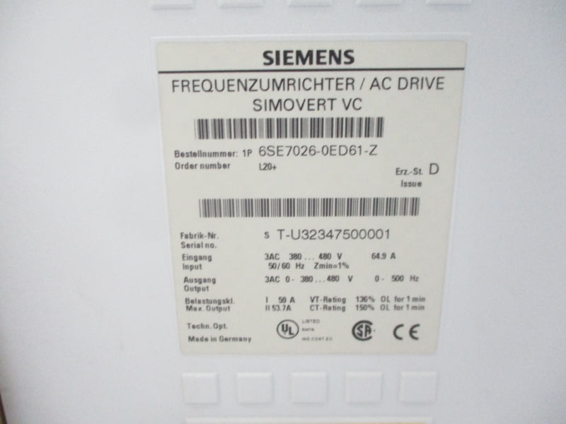 SIEMENS 6SE7026-0ED61-Z L20+ 380-480VAC 64.9A NSMP