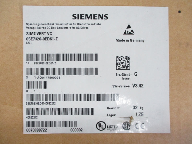 SIEMENS 6SE7026-0ED61-Z L20+ 380-480VAC 64.9A NSMP