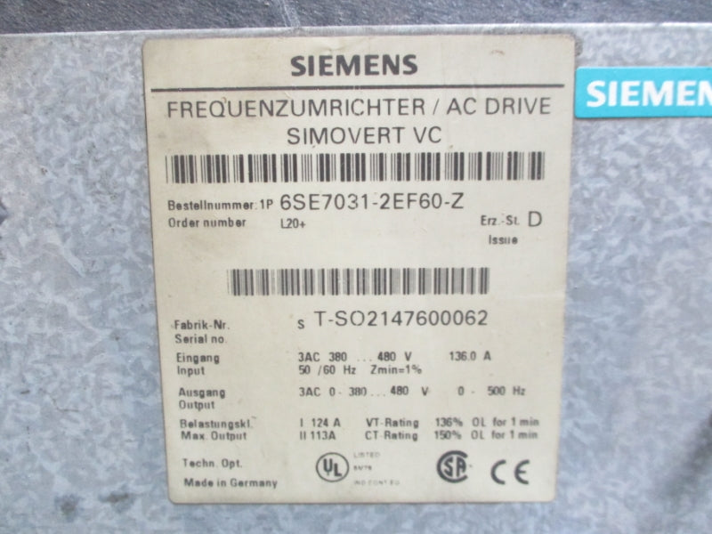 SIEMENS 6ES7031-2EF60-Z 380-480VAC 136A (AS PICTURED) UNMP