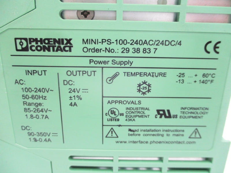 PHEONIX CONTACT MINI-PS-100-240AC/24DC/4 2938837 90-350VDC 4A NSNP
