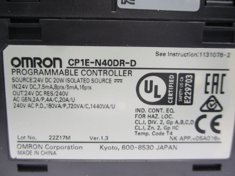 OMRON CP1E-N40DR-D 720VAC 20A NSMP