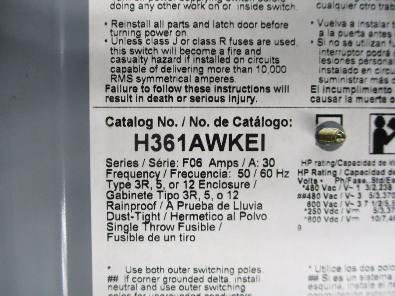 SQUARE D H361AWKEI 600V 30A SER. F06 UNMP