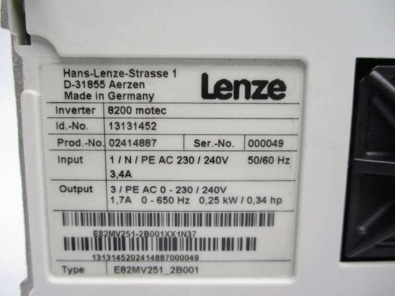 LENZE E82MV251-2B001 230-240V 3.4A (AS PICTURED) NSNP