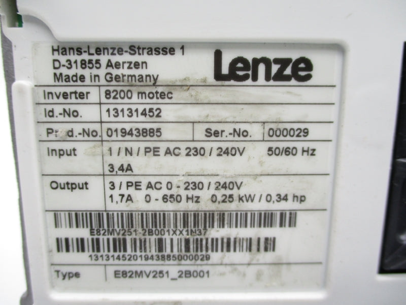 LENZE E82MV251-2B001 230-240V 3.4A (NO COVER) NSMP