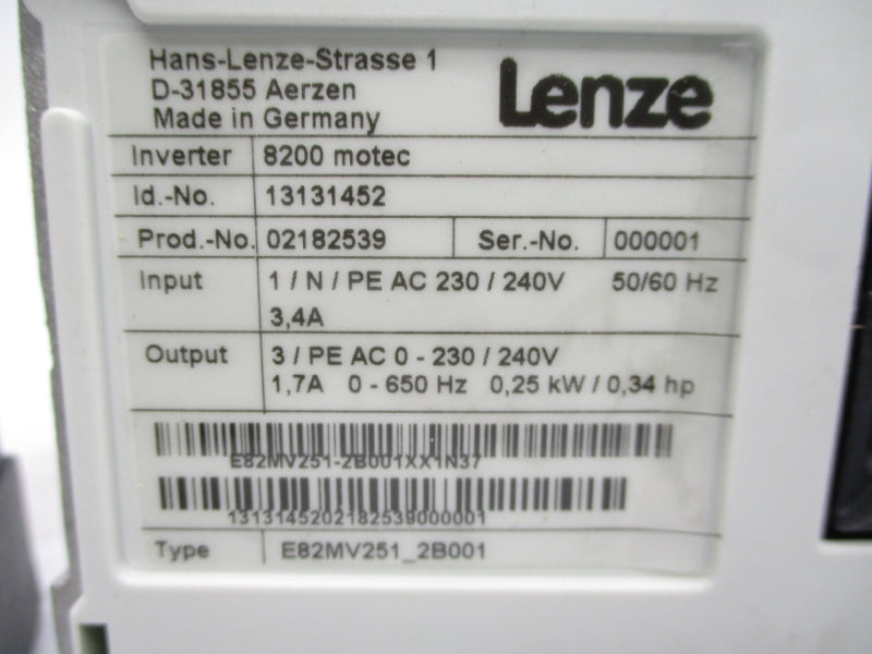 LENZE E82MV251-2B001 240V 3.4A NSMP