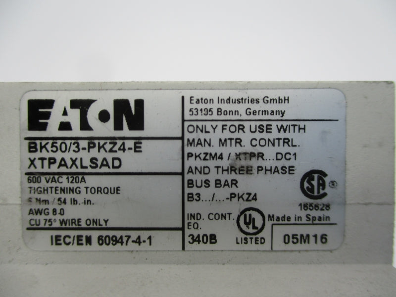 EATON BK50/3-PKZ4-E 600VAC 120A UNMP