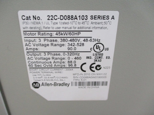 ALLEN BRADLEY 22C-D088A103 SER. A F/W 6.01 342-528V 90A NSNP