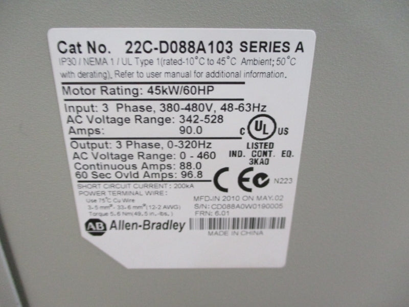ALLEN BRADLEY 22C-D088A103 SER. A F/W 6.01 342-528V 90A NSNP