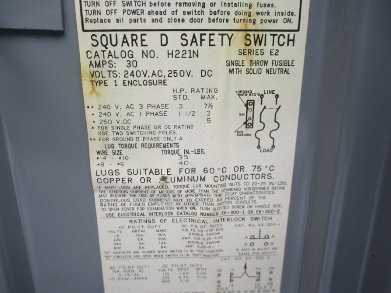 SQUARE D H221N SER. E2 250VDC 30A NSNP