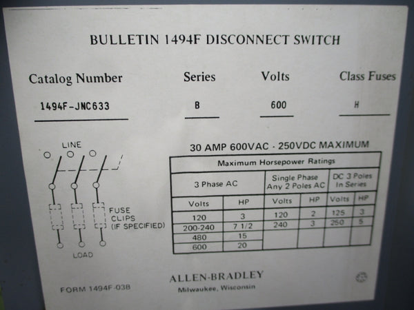 ALLEN BRADLEY 1494F-JNC633 SER. B 600VAC 30A UNMP