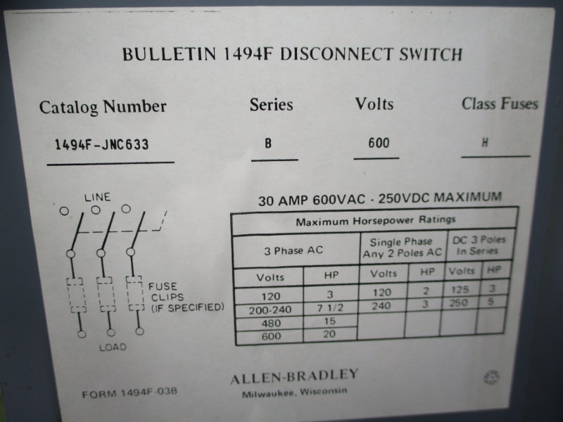 ALLEN BRADLEY 1494F-JNC633 SER. B 600VAC 30A UNMP