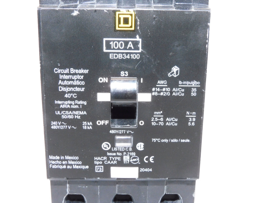 SQUARE D EDB34100 100A 480/277V (AS PICTURED) NSNP