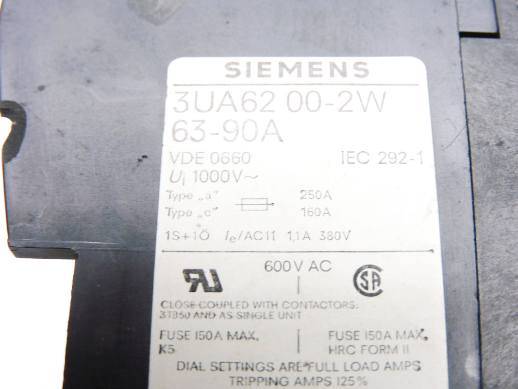 SIEMENS 3UA6200-2W 600VAC 63-90A UNMP