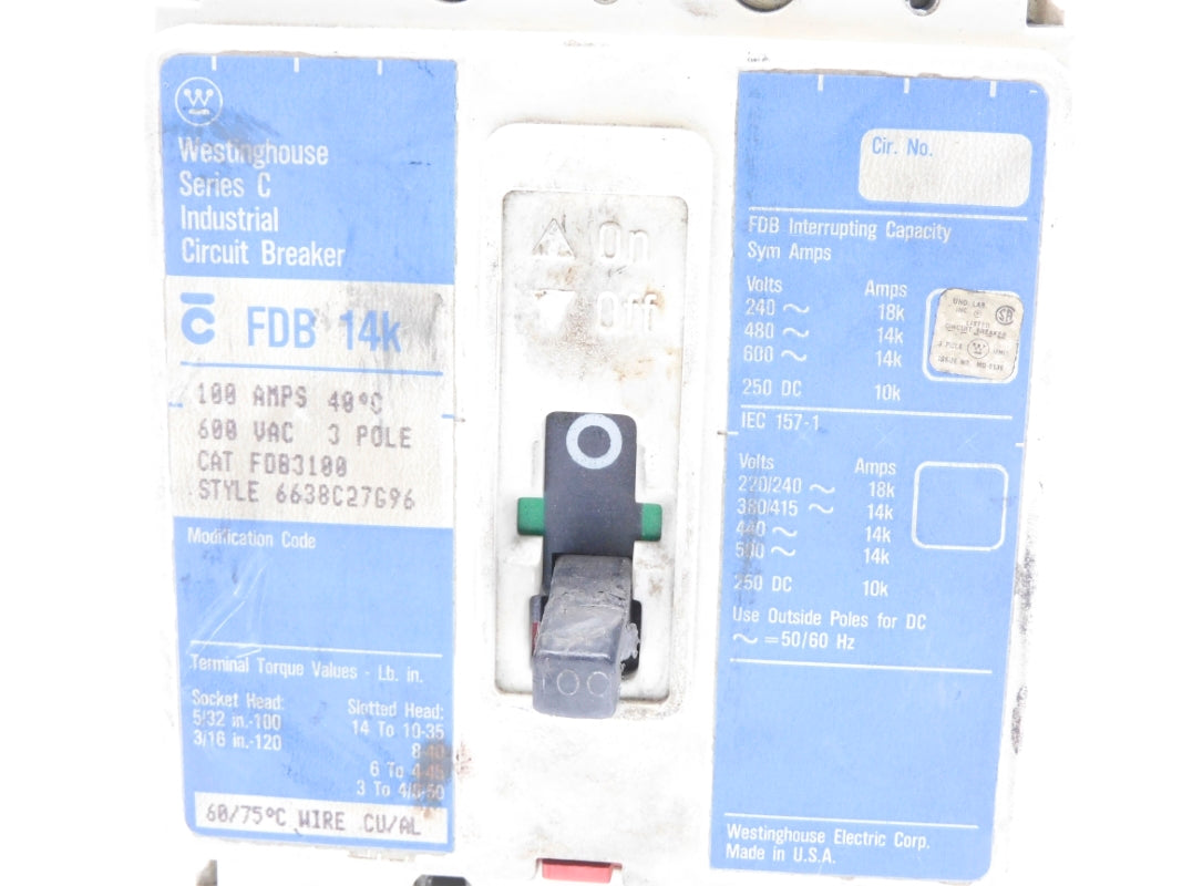 WESTINGHOUSE FDB3100 SER. C 100A 600VAC UNMP