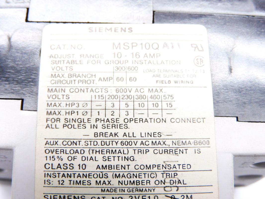 SIEMENS MSP10OA11 10.0-16.0A NSMP