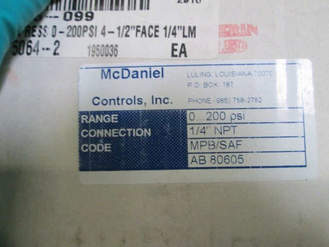 MCDANIEL CONTROLS GAUGE 0-200PSI 1/4" NPT MPB/SAF/AB80605 *NEW IN BOX*