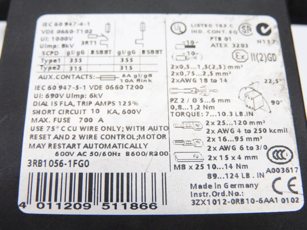 SIEMENS 3RB1056-1FG0 690V 50-200A UNMP