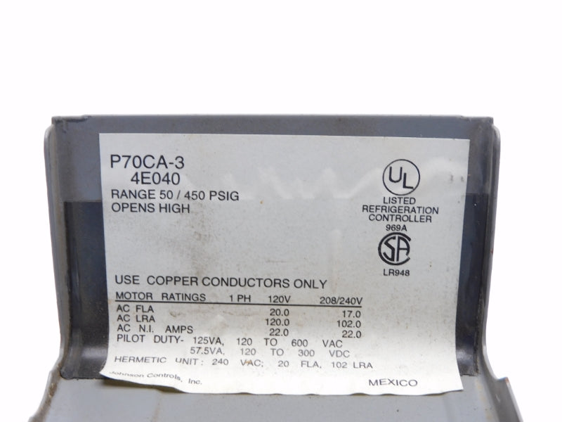 JOHNSON CONTROLS P70CA-3 600VAC 22.0A 50/450PSI UNMP