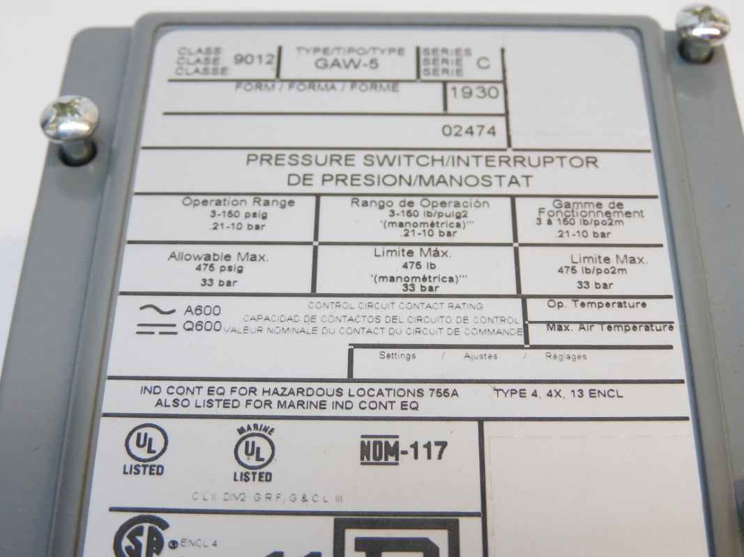 SQUARE D 9012GAW5 SER. C 75PSIG NSMP