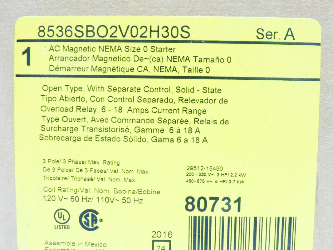 SQUARE D 8536SBO2V02H30S SER. A 110/120V 6-18A NSMP