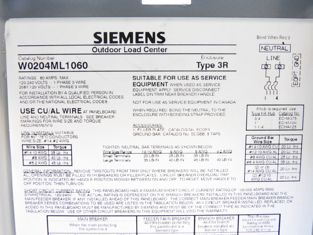 SIEMENS W0204ML1060 60A 120/240V NSNP