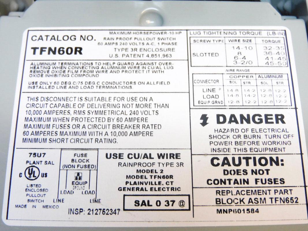 GENERAL ELECTRIC TFN60R NSNP