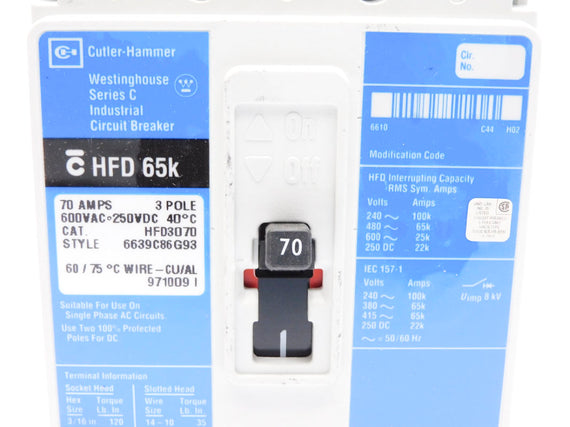 CUTLER HAMMER HFD3070 SER. C 70A 600VAC NSMP