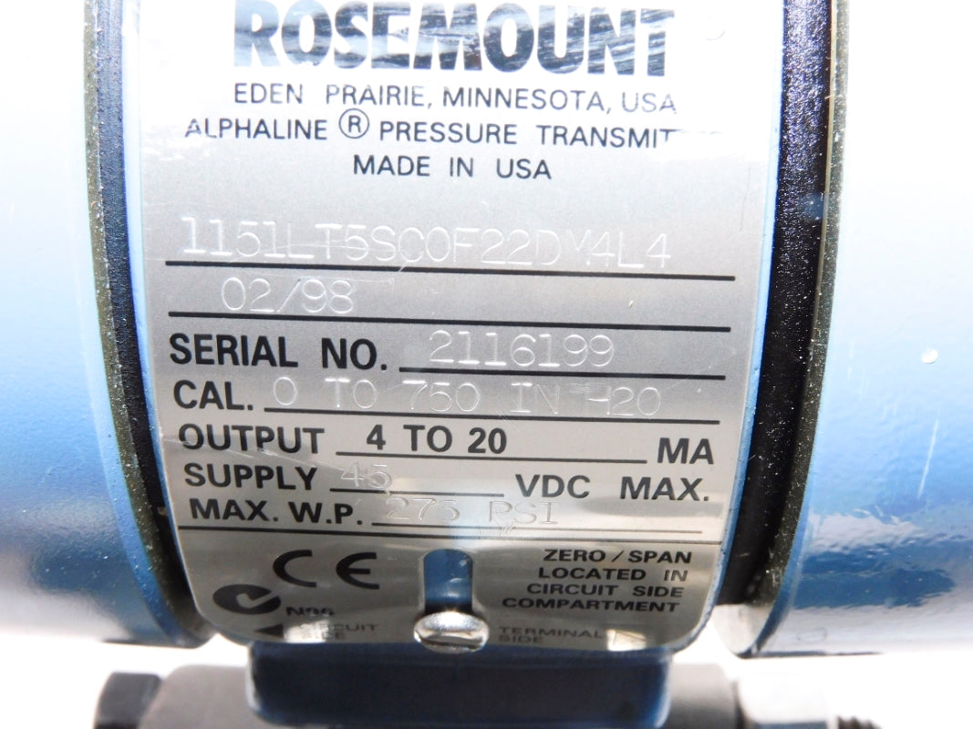 ROSEMOUNT 1151LT5SC0F22DM4L4 0-750"H2O UNMP
