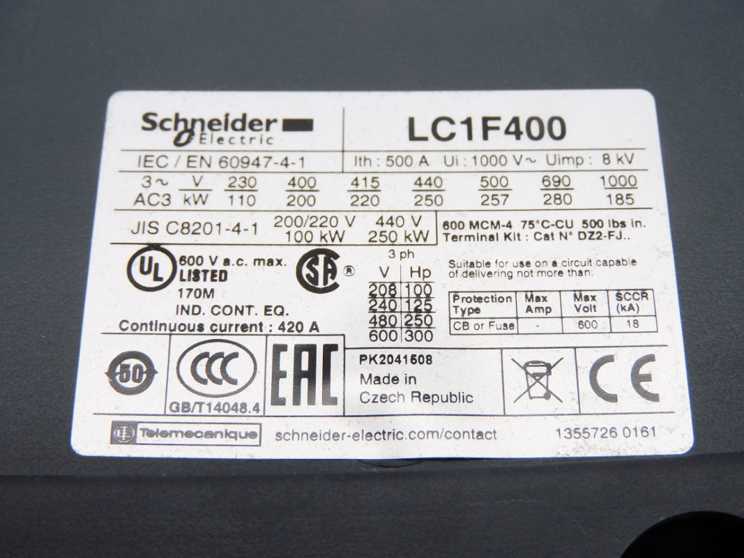 SCHNEIDER ELECTRIC LC1F400G7 127V 500A (AS PICTURED) NSMP