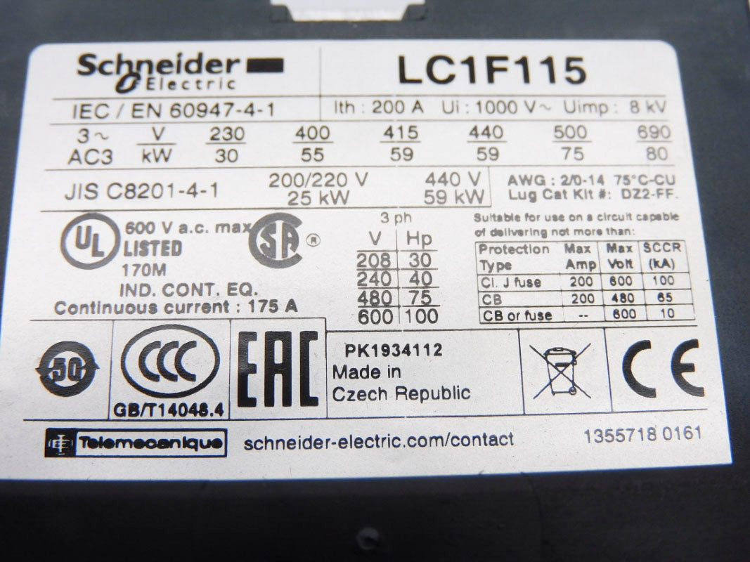 SCHNEIDER ELECTRIC LC1F115U7 240V 200A NSMP