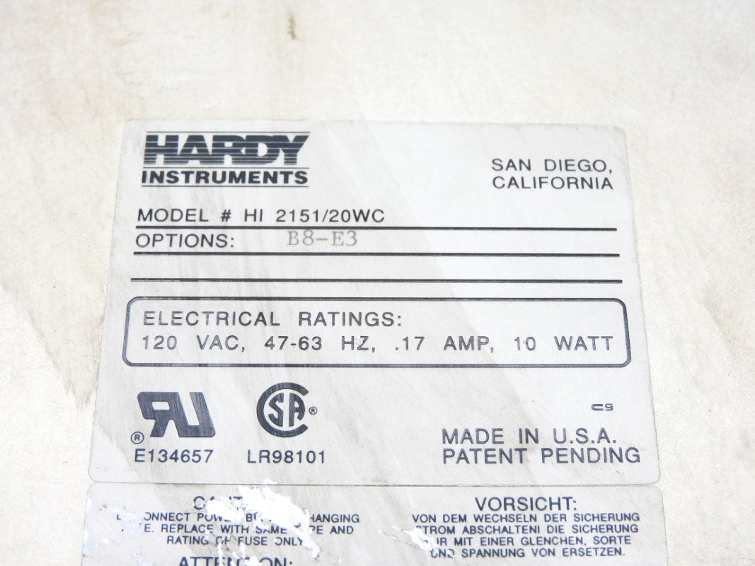 HARDY INSTRUMENTS HI2151/20WCB8-E3 120VAC .17A UNMP