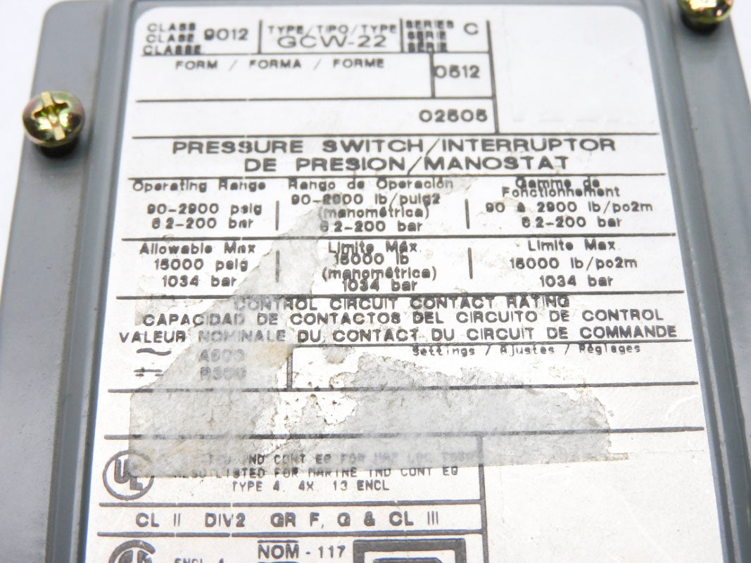 SQUARE D 9012GCW22 SER. C 2900PSI UNMP