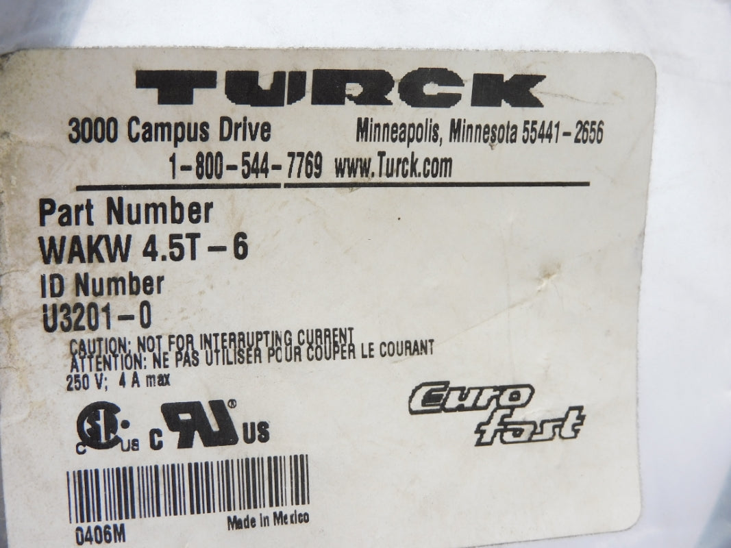 TURCK WAKW4.5T-6 U3201-0 250V 4A NSMP