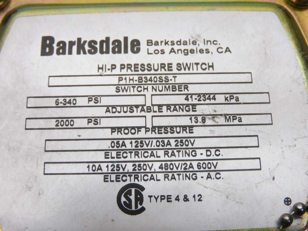 BARKSDALE P1H-B340SS-T 600V 10A 2000PSI UNMP