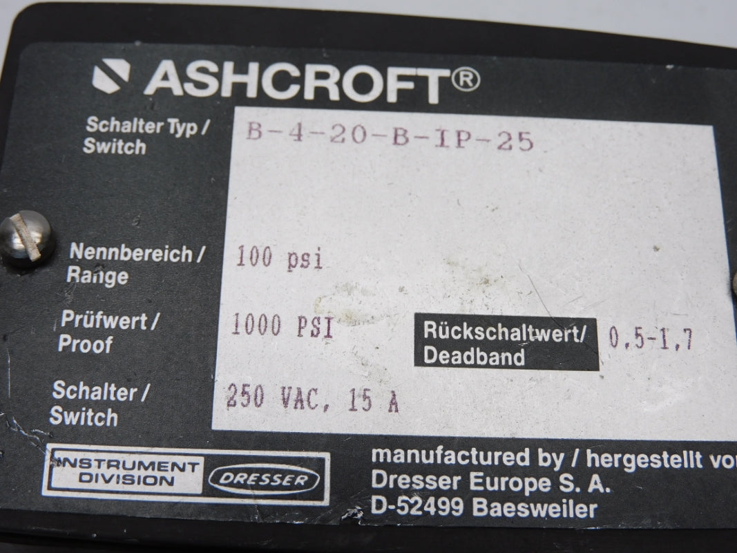 ASHCROFT B-4-20-B-IP-25 250VAC 15A 100PSI UNMP