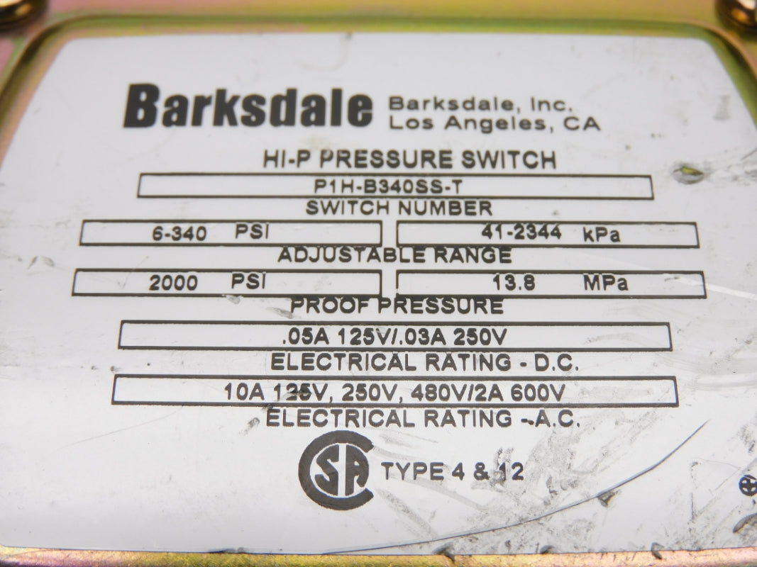 BARKSDALE P1H-B340SS-T 600V 10A 2000PSI NSNP