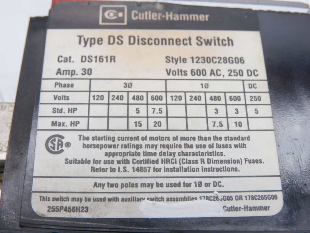 CUTLER HAMMER 1230C28G06 DS161R 600V 30A UNMP