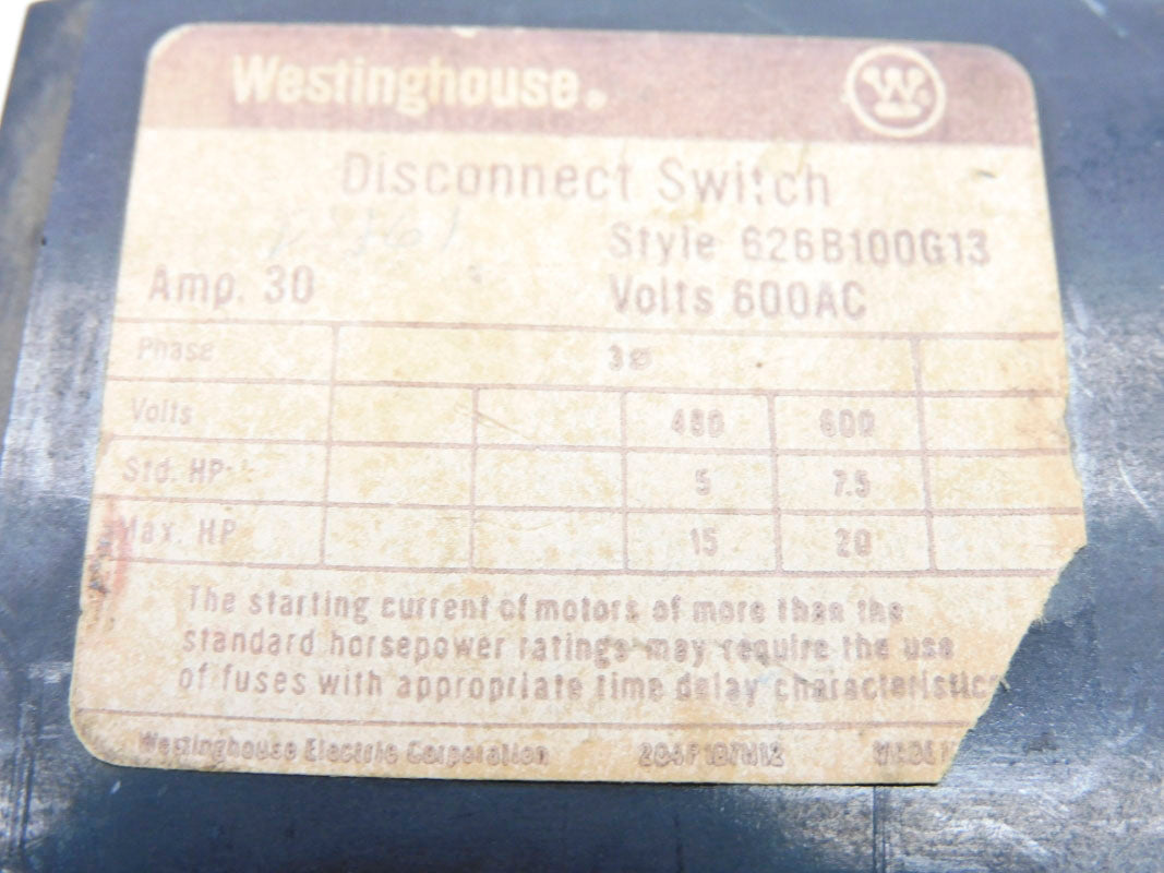 WESTINGHOUSE 626B100G13 600VAC 30A UNMP